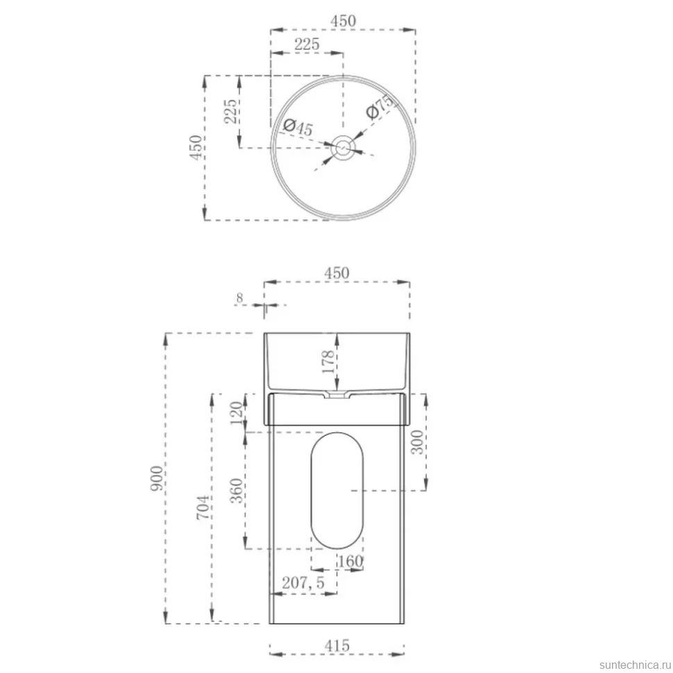 Раковина напольная Abber Kristall AT2701Onyx-H 45 глянцевая черная, круглая