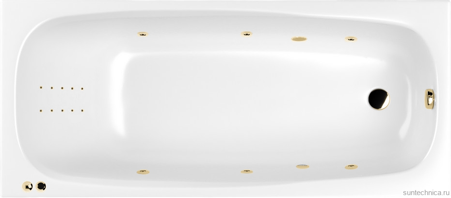 Акриловая ванна WHITECROSS Layla Slim Line Nano 170x75 см, встраиваемая, с гидромассажем, белый глянец, с каркасом, со сливом-переливом, фурнитура золото