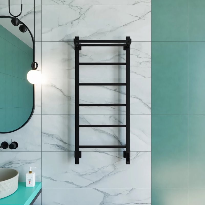 Полотенцесушитель электрический Grota App 430х1000 RAL9005 EL 100x45 см, подключение справа, слева, скрытое подключение справа, матовый черный, лесенка, из стали, с полкой