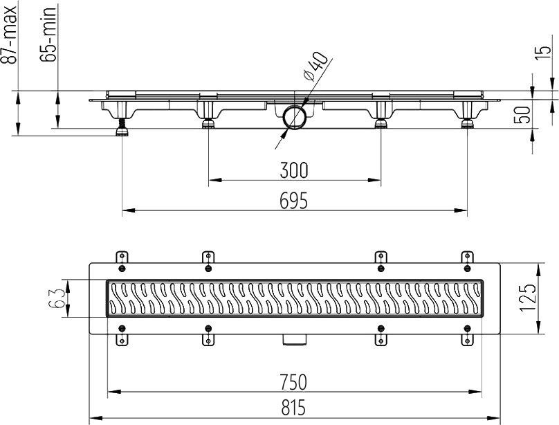 Душевой трап (лоток) MCH Chudej Harmony CH750HC 75 см, решетка матовая черная, с сифоном