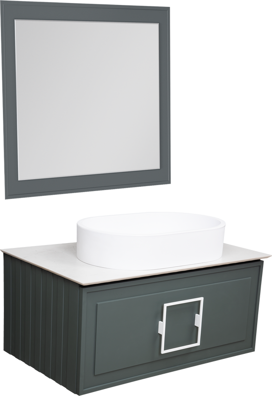 Мебель для ванной комнаты La Fenice Cubo 80 подвесная, серая, ручка белая, столешница белый мрамор, раковина матовая белая