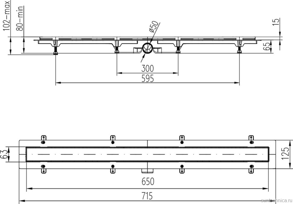 Душевой трап (лоток) MCH Chudej Square CH650/50S 65 см, решетка хром, с сифоном