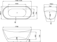 Акриловая ванна Grossman Galaxy GR-2104M 170x75 см, отдельностоящая, белая матовая, овальная, со сливом-переливом, с донным клапаном
