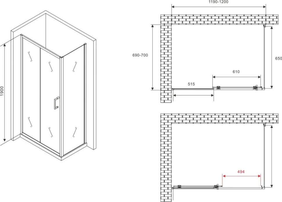 Душевой уголок Abber Schwarzer Diamant AG30120B5-S70B5 120х70, профиль черный, стекло прозрачное