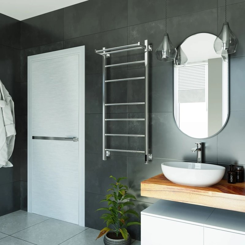 Полотенцесушитель электрический Grota Alto 530х1200 NP EL 120x55 см, подключение справа, слева, скрытое подключение справа, глянцевый хром, лесенка, с полкой