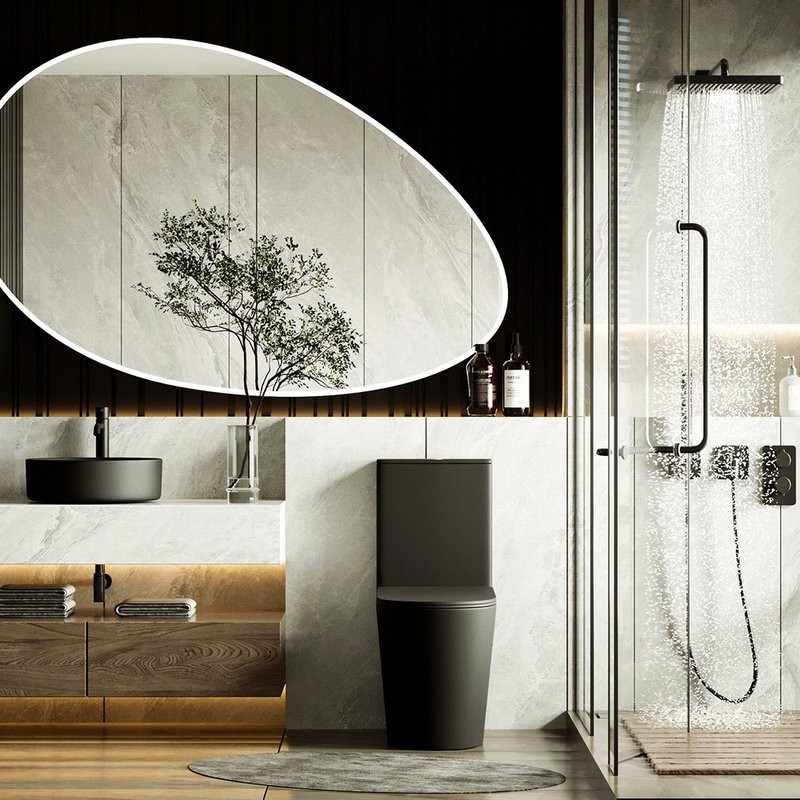 Унитаз-компакт напольный Abber Bequem AC1112TMB безободковый, с микролифтом, черный матовый