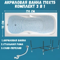 Акриловая ванна 1MarKa Dipsa Стандарт 2 170x75 см, встраиваемая, белая, с каркасом, со сливом-переливом