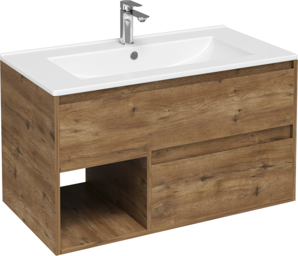 Тумба с раковиной STWORKI Карлстад 90 дуб рустикальный, со смесителем Вестерос S26010CR хром