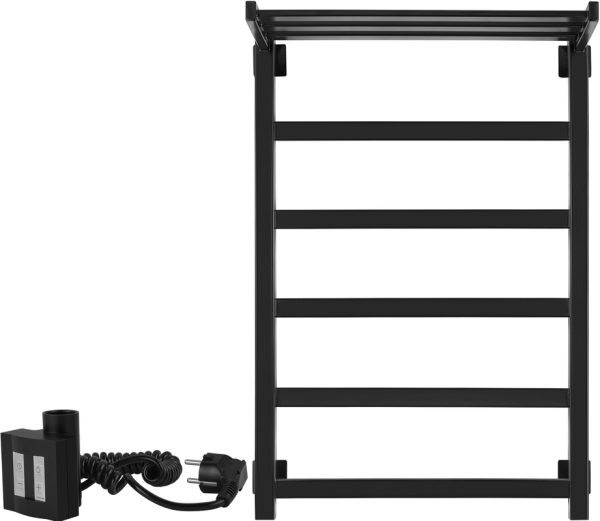 Полотенцесушитель электрический Secado Корсико 1 СП , 85x55 см, подключение слева, матовый черный, лесенка, с полкой