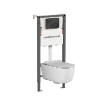 Комплект Ceramicanova Унитаз подвесной New Day CN3005 безободковый, с микролифтом + Инсталляция Balance CN121001MB с кнопкой Circle матовой черной