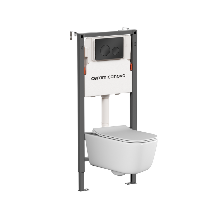 Комплект Ceramicanova Унитаз подвесной New Day CN3005 безободковый, с микролифтом + Инсталляция Balance CN121001MB с кнопкой Circle матовой черной