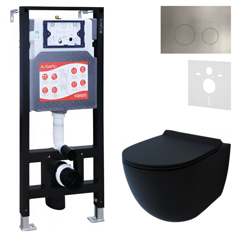 Комплект Унитаз подвесной Esbano Garcia ESUPGARCBM матовый черный + Инсталляция Fram + Кнопка ESINMTK60ST