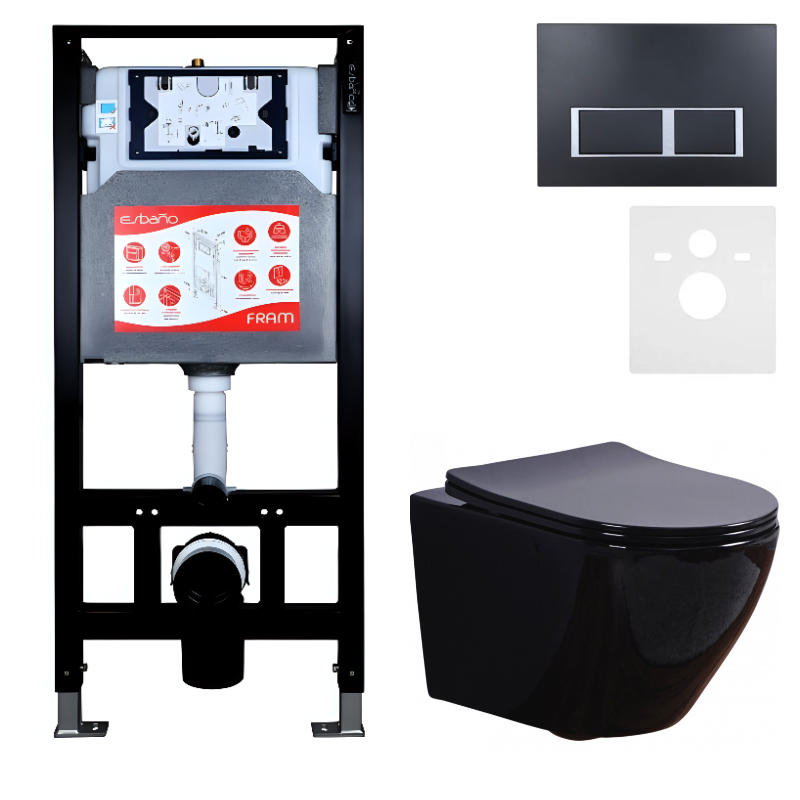 Комплект 3 в 1 Унитаз подвесной Esbano Azalea ESUPAZALB + Инсталляция Fram + Кнопка ESINPRK12MB цвет матовый черный