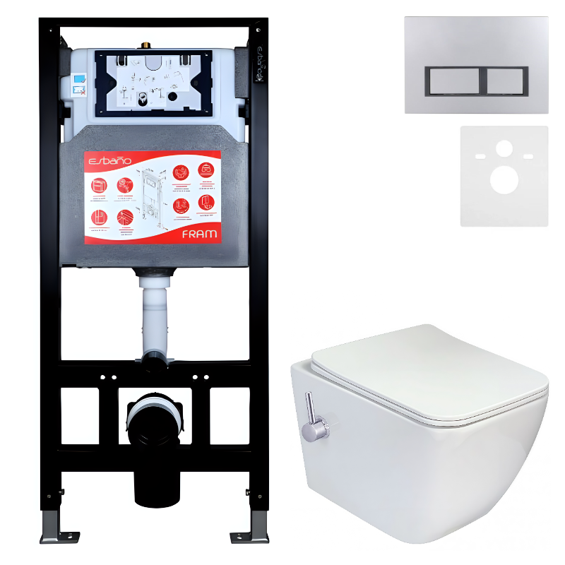 Комплект 3 в 1 Унитаз подвесной Esbano ESWBLEONWN + Инсталляция Fram + Кнопка ESINPRK12MC цвет матовый хром