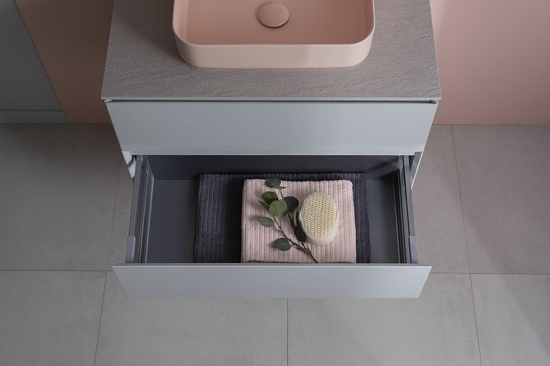 Тумба под раковину со столешницей Allen Brau Infinity 85 подвесная, папирус матовый, столешница серый структ