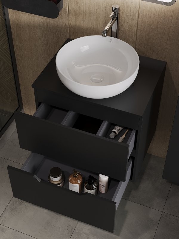 Тумба под раковину со столешницей Orange Line 60 подвесная, 2 ящика, матовая черная