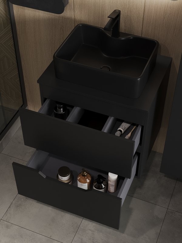Тумба под раковину со столешницей Orange Line 60 подвесная, 2 ящика, матовая черная
