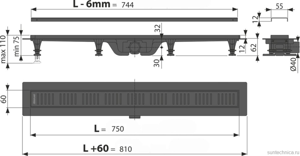 Душевой трап (лоток) AlcaPlast APZ10Black APZ10BLACK-750M с решеткой и опорами