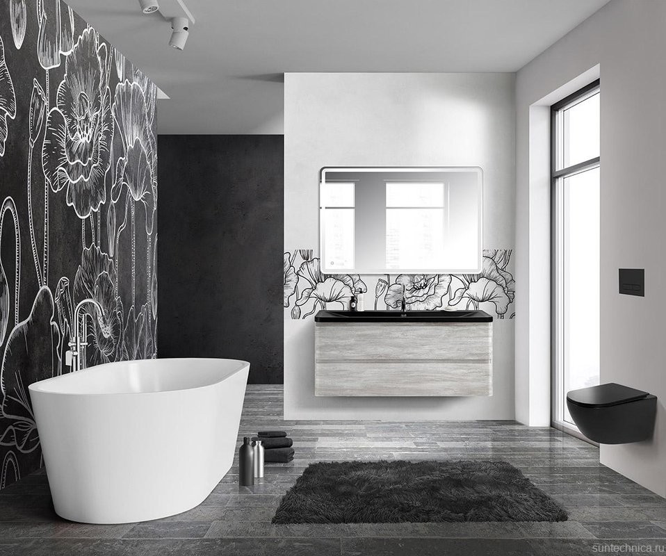 Мебель для ванной комнаты BelBagno Albano 120 подвесная, rovere vintage bianco, черная матовая раковина