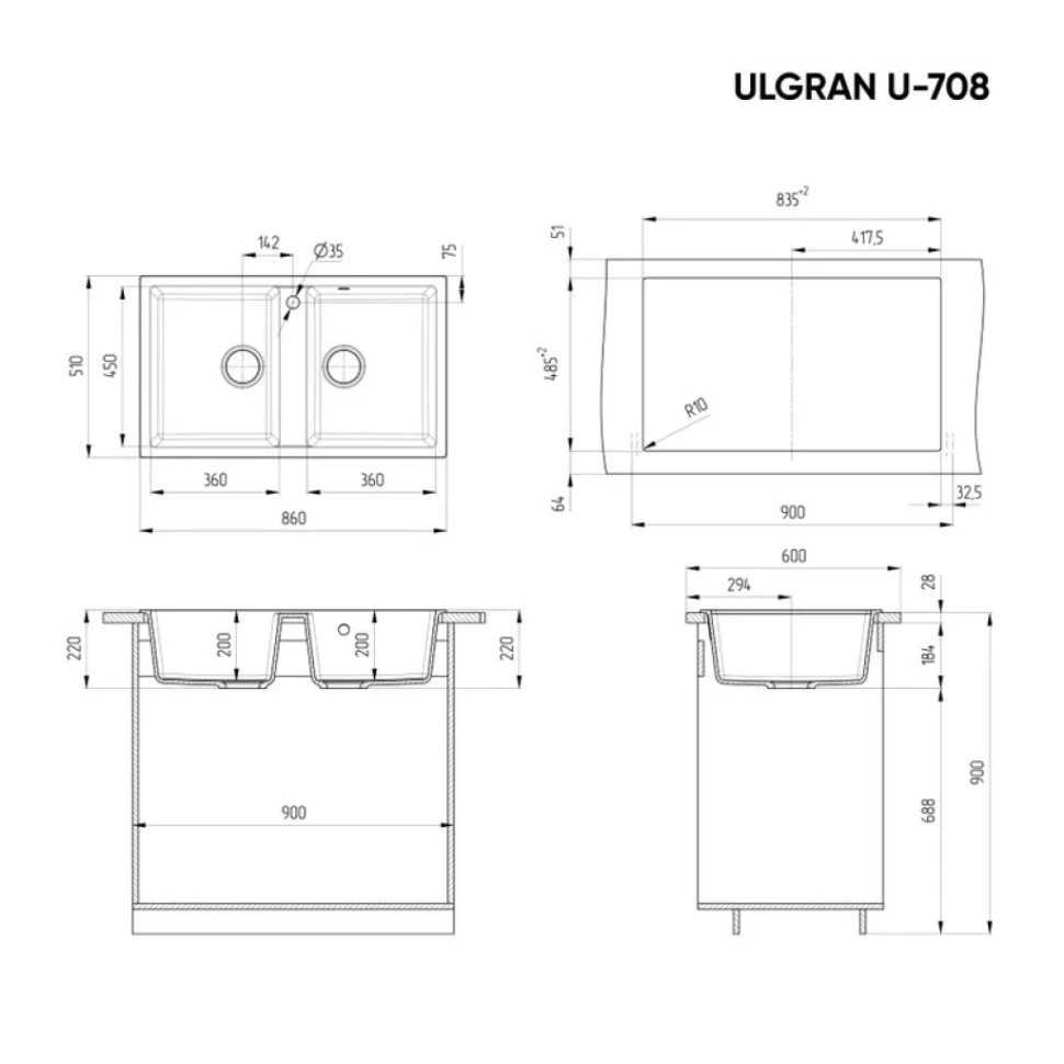Мойка кухонная Ulgran U-708 344 ультра-черная + дозатор U-02 черный