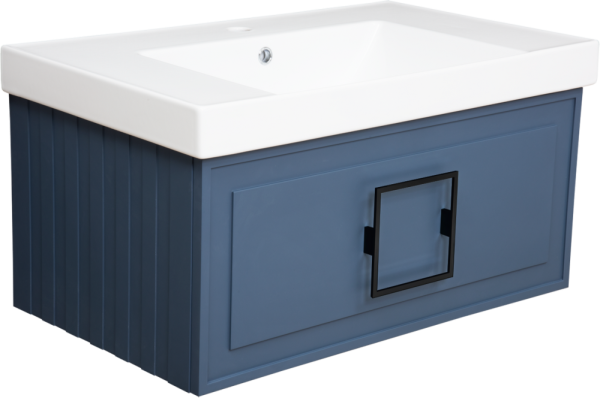 Тумба с раковиной La Fenice Cubo 80 синяя, ручка черная