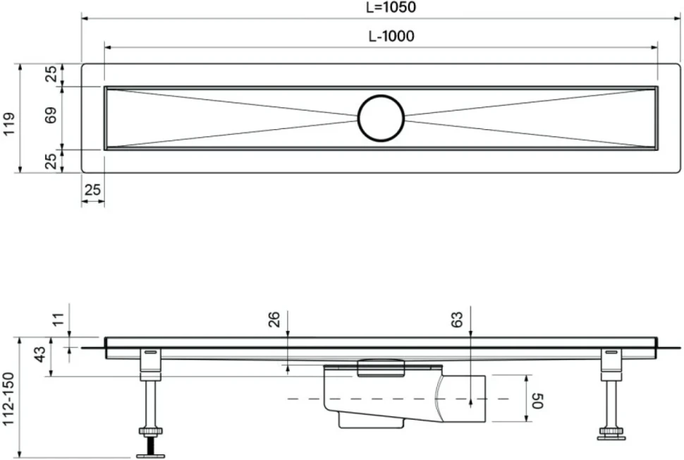 Душевой трап (лоток) Timo Drain Systems DS230210/17 1000 двусторонняя панель plate под плитку, золото матовое