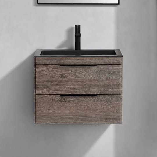 Тумба с раковиной Vincea Chiara 2D 60, 2 ящика, темный дуб, с черной раковиной