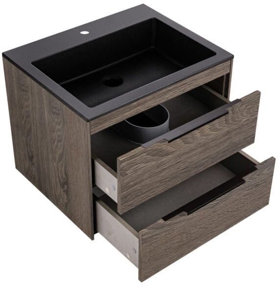 Тумба с раковиной Vincea Chiara 2D 60, 2 ящика, темный дуб, с черной раковиной