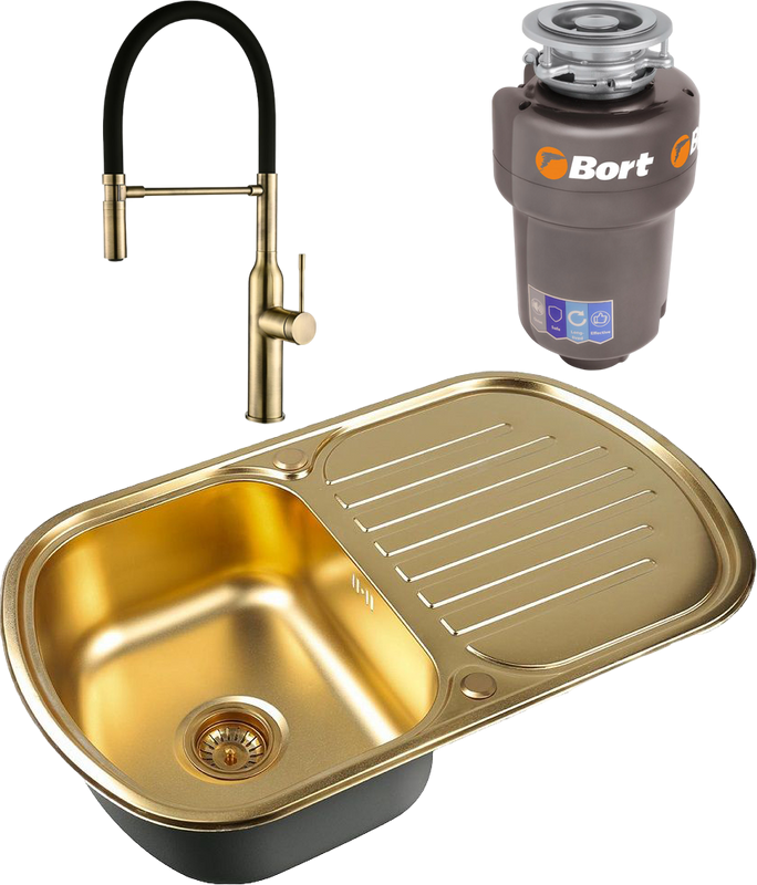 Комплект Мойка Zorg Inox PVD SZR-7749 bronze + Смеситель Steel Hummer SH 2022 BRONZE бронза + Измельчитель Bort Titan 5000