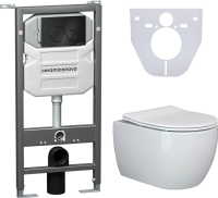 Комплект Унитаз подвесной Ceramicanova Play CN3001 безободковый, с микролифтом + Инсталляция Envision CN1001B + Кнопка Round, черная матовая