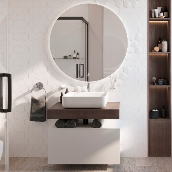 Мебель для ванной комнаты STWORKI Ольборг 80 столешница дуб карпентер, без отверстий, с тумбой 80, с раковиной STWORKI Soul 1 белой