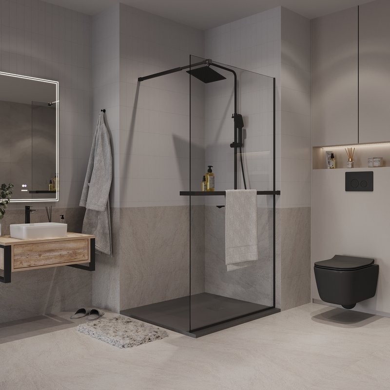 Душевая перегородка Niagara Nova NG-670-10ВLACK 100х195, профиль матовый черный, стекло прозрачное, с полкой