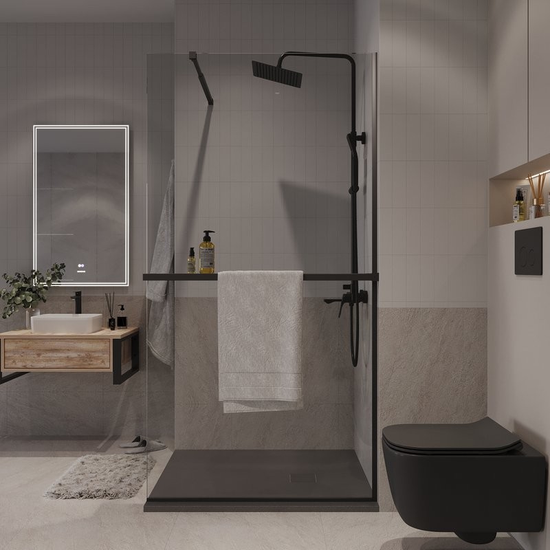 Душевая перегородка Niagara Nova NG-670-10ВLACK 100х195, профиль матовый черный, стекло прозрачное, с полкой