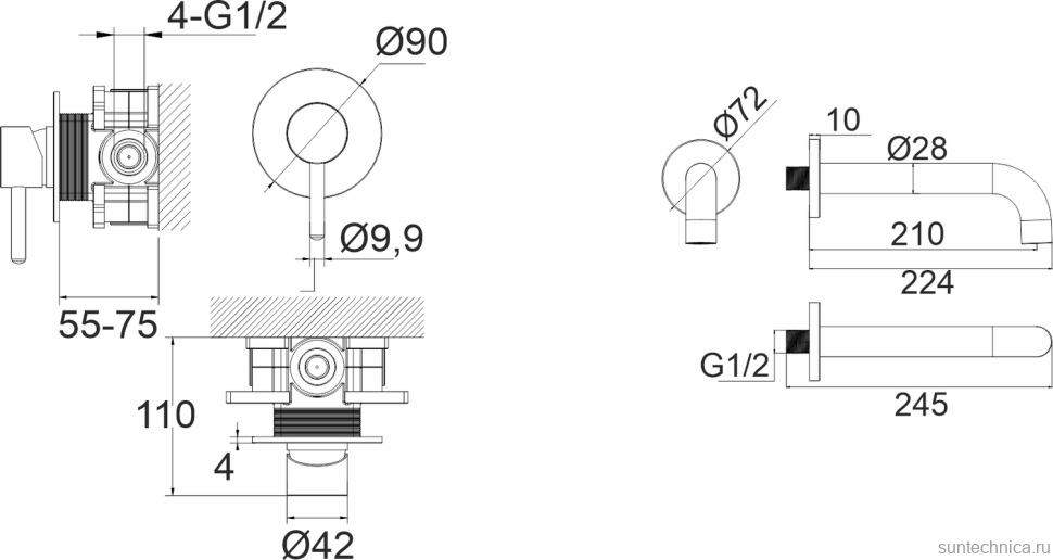 Смеситель для раковины WHITECROSS Y YSET03GLB С ВНУТРЕННЕЙ ЧАСТЬЮ, брашированное золото