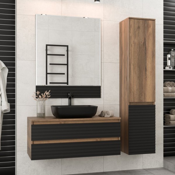 Мебель для ванной комнаты Brevita Dakota 100 подвесная, дуб галифакс олово, черный кварц