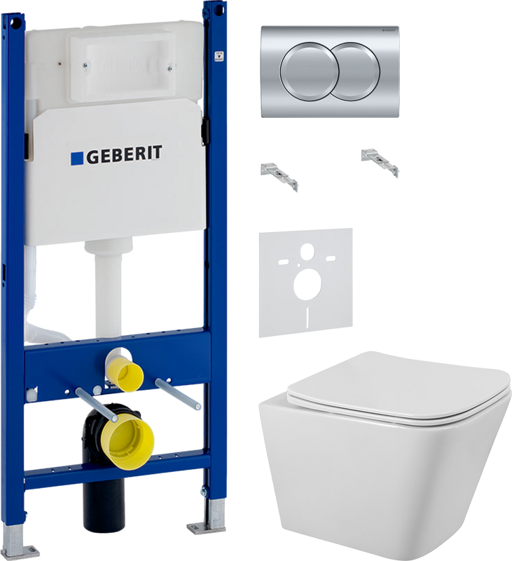 Комплект Унитаз подвесной BelBagno Ardente-R BB520CHR безободковый + Крышка Due BB3103/3106SC с микролифтом + Инсталляция Geberit Duofix Delta 458.149.21.1 с кнопкой смыва, хром + Звукоизоляция