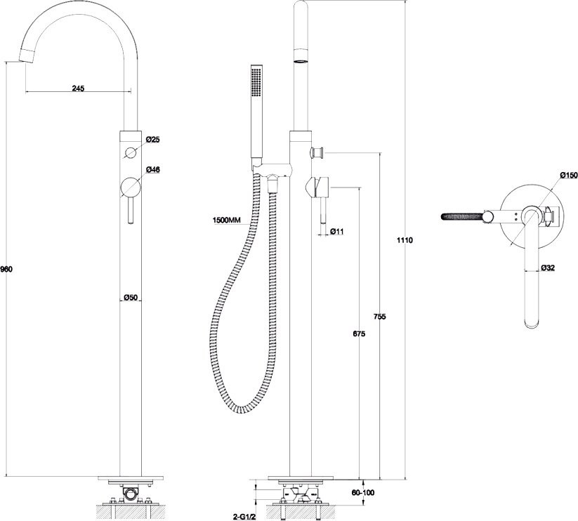 Напольный смеситель для ванны с душем WHITECROSS Y Y1233NIB С ВНУТРЕННЕЙ ЧАСТЬЮ, брашированный никель