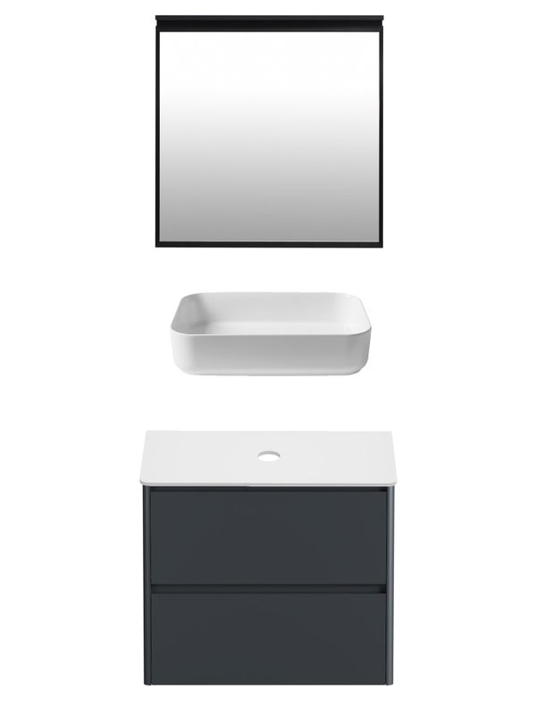 Мебель для ванной комнаты Allen Brau Gravity 80 2 ящика, матовый антрацит, столешница белая, раковина Fantasy Quad 50, белая