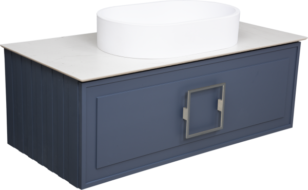 Тумба с раковиной La Fenice Cubo 100 подвесная, blu grigio, ручка хром, столешница белый мрамор, раковина матовая белая