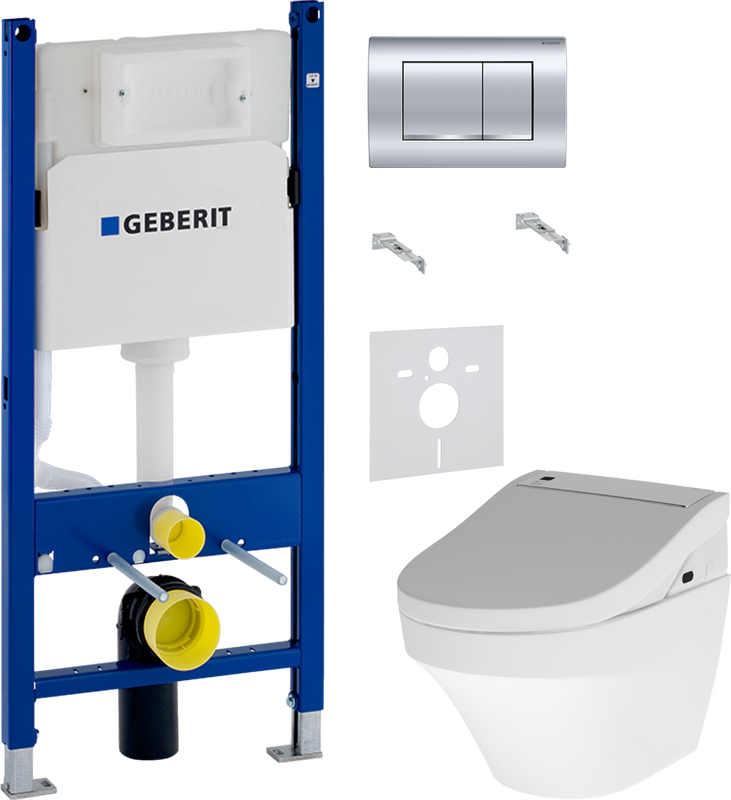Комплект Унитаз подвесной AM.PM Inspire FlashClean C501700WH + Крышка Admire CCC7851WH с функцией биде, петли хром + Инсталляция Geberit Duofix Delta 458.163.21.1 с кнопкой смыва, хром + Звукоизоляция
