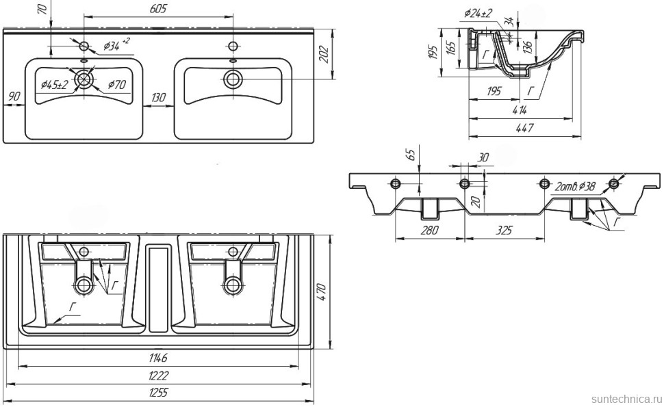Тумба с раковиной Dreja W 125 двойная белый глянец