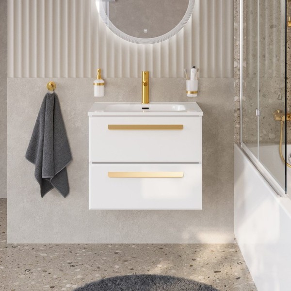 Тумба с раковиной Cezares Eco Cer-N 70 bianco lucido, раковина Duet 70, ручки сатиновое золото