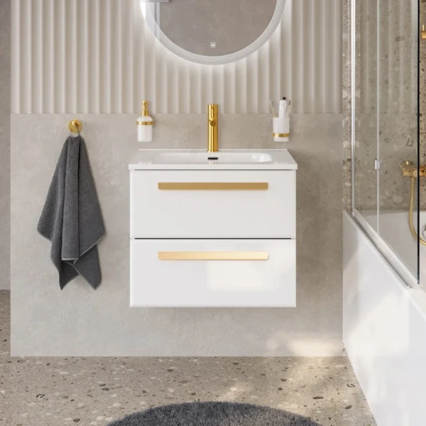 Тумба с раковиной Cezares Eco Cer-N 70 bianco lucido, раковина Duet 70, ручки сатиновое золото