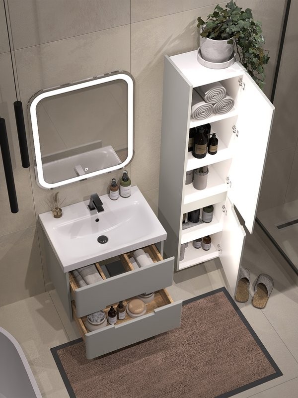 Мебель для ванной комнаты SanStar Ориана 60 подвесная, серая, раковина Cersanit Moduo 60