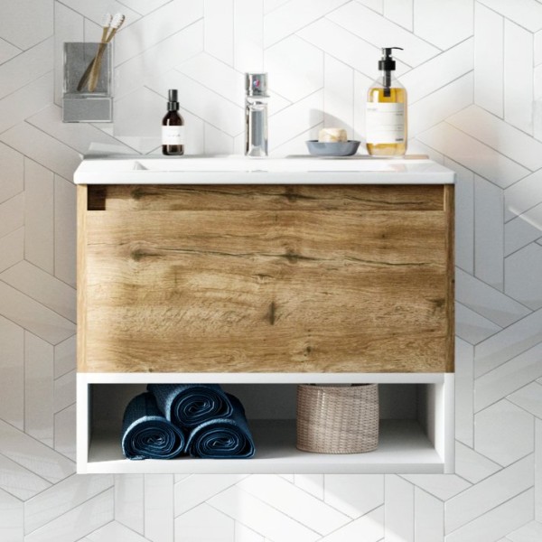 Тумба с раковиной STWORKI Карлстад 60 дуб рустикальный, с белой полкой