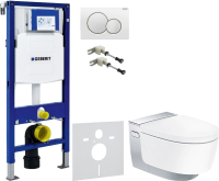 Комплект Умный унитаз Geberit AquaClean Mera Comfort 146.214.21.1 с системой удаления запахов, глянцевый хром + Крепления Duofix 111.815.00.1 к стене + Звукоизоляция + Инсталляция UP 320 111.300.00.5 + Кнопка Sigma 01 115.770.11.5 белая