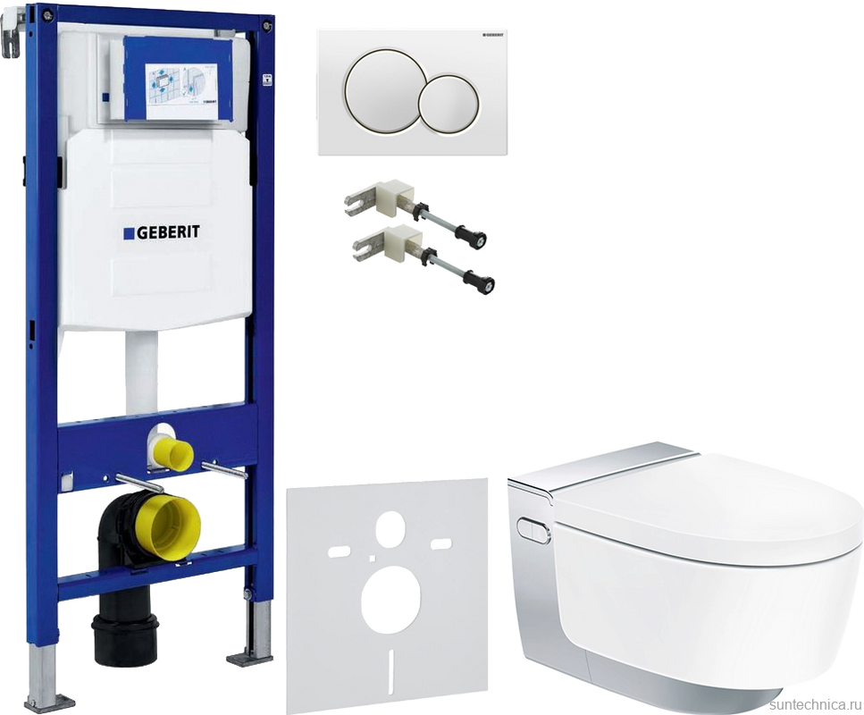 Комплект Умный унитаз Geberit AquaClean Mera Comfort 146.214.21.1 с системой удаления запахов, глянцевый хром + Крепления Duofix 111.815.00.1 к стене + Звукоизоляция + Инсталляция UP 320 111.300.00.5 + Кнопка Sigma 01 115.770.11.5 белая