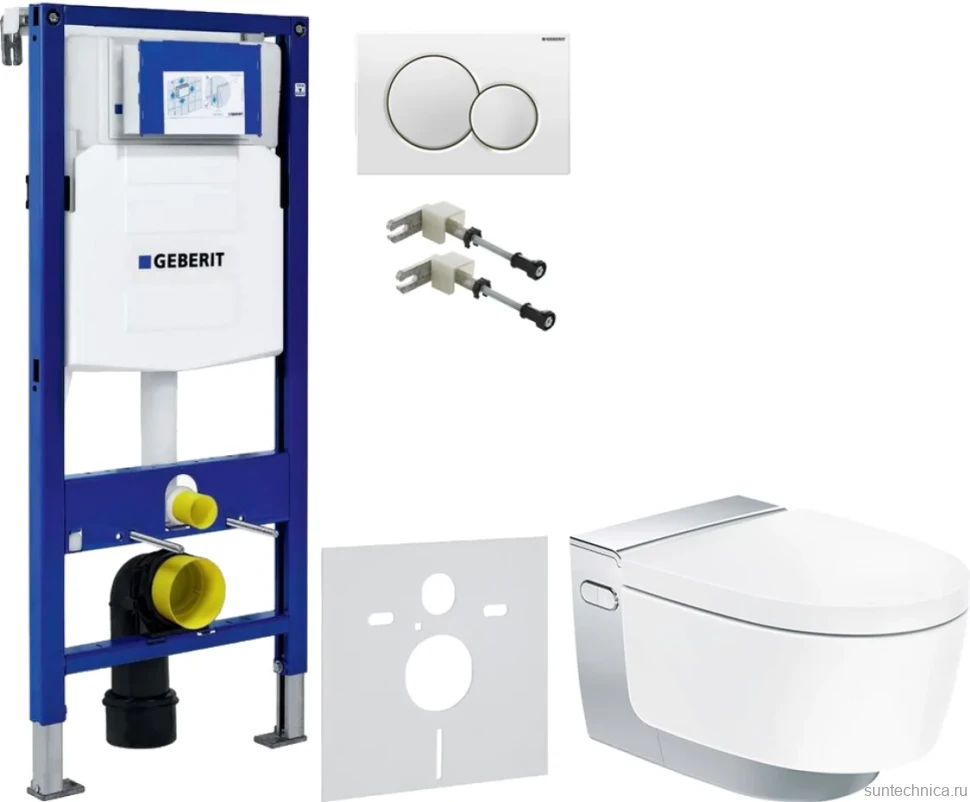 Комплект Умный унитаз Geberit AquaClean Mera Comfort 146.214.21.1 с системой удаления запахов, глянцевый хром + Крепления Duofix 111.815.00.1 к стене + Звукоизоляция + Инсталляция UP 320 111.300.00.5 + Кнопка Sigma 01 115.770.11.5 белая