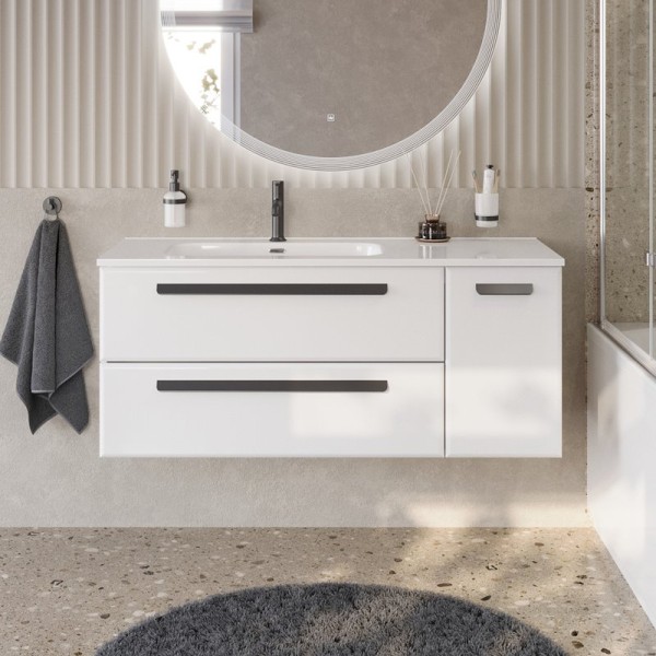 Тумба под раковину без столешницы Cezares Eco Cer-N 120 L 2 ящика, 1 дверца, bianco lucido, ручки матовые черные