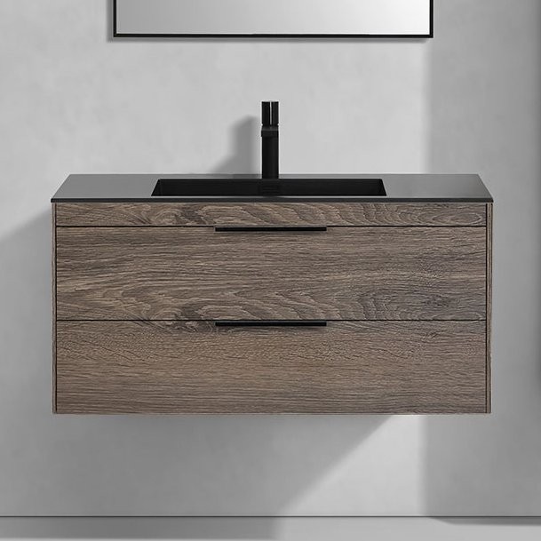 Тумба с раковиной Vincea Chiara 2D 100, 2 ящика, темный дуб, с черной раковиной